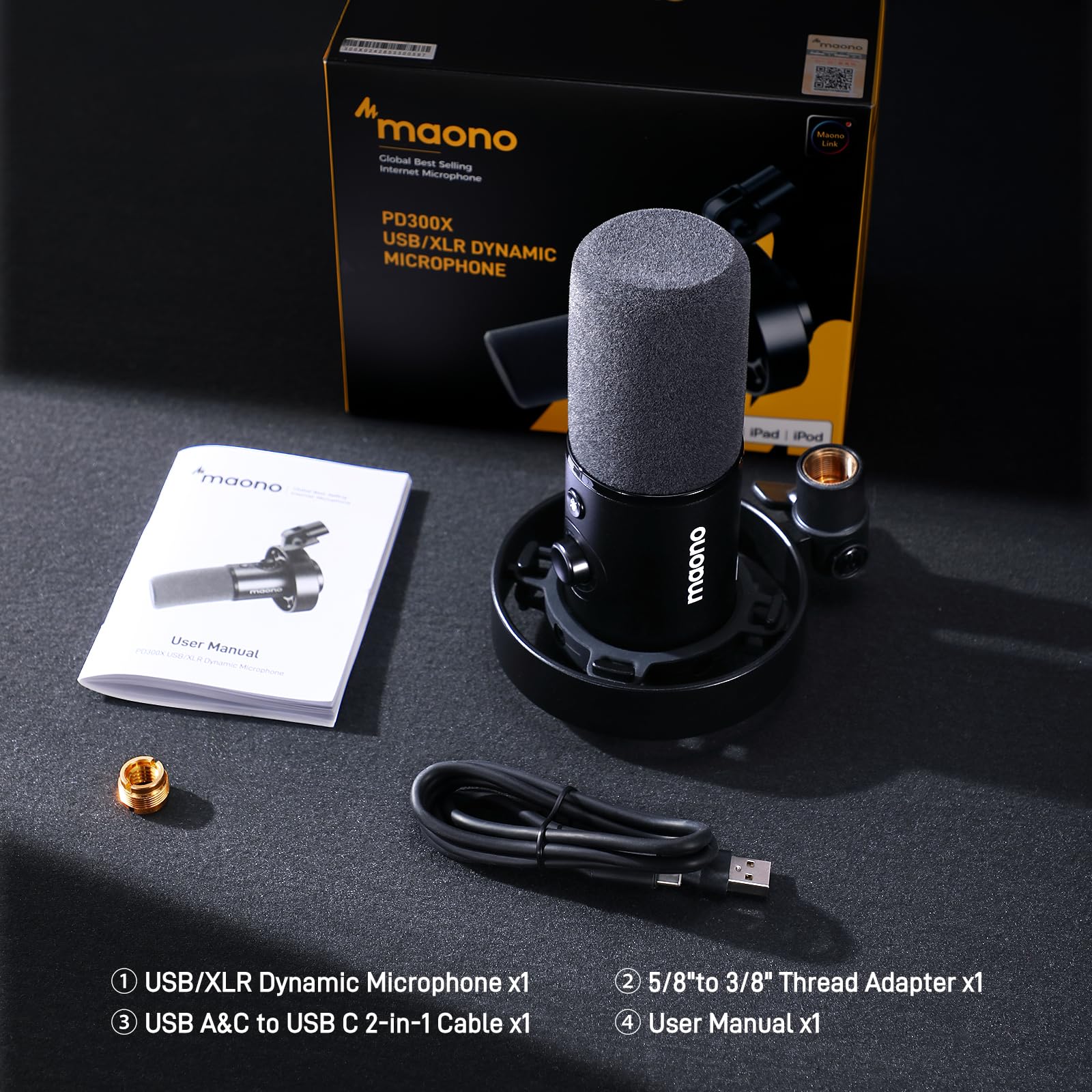 MAONO Dynamic Microphone-XLR USB Podcast Recording Mic: for Vocal Recording, Content Creation, Home Studio, Voiceover, with 192kHz/24bit, Noise Reduction, Mic Gain, Monitoring, Mute (PD300X) - Image 9