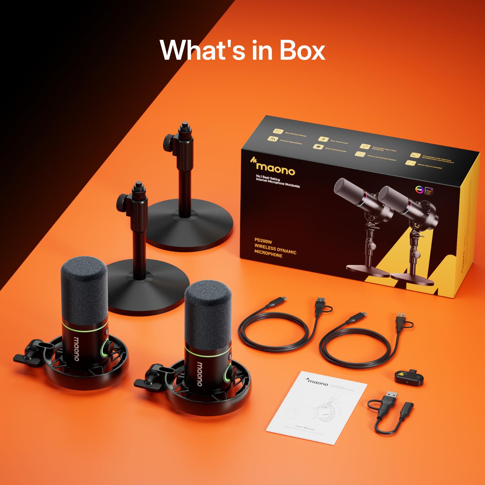 MAONO PD200W Hybrid Wireless Podcast Equipment Bundle for 2, XLR USB Dynamic Microphone Kit with 2 Desktop Stand, for Co-hosted Podcast, Vocal Recording, Content Creation - Image 8