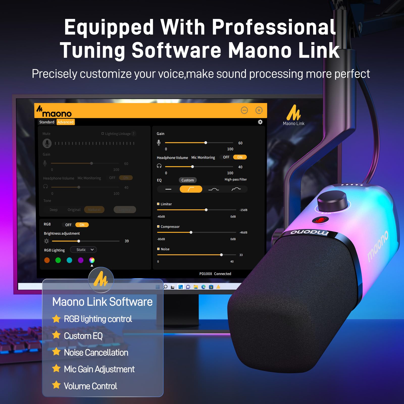 MAONO USB/XLR Podcasting Microphone for PC, Gaming Streaming Dynamic Mic with Mute Button, Software-RGB, Desktop Stand,Computer Mic for Video Studio Recording-PD100X,RGB - Image 5