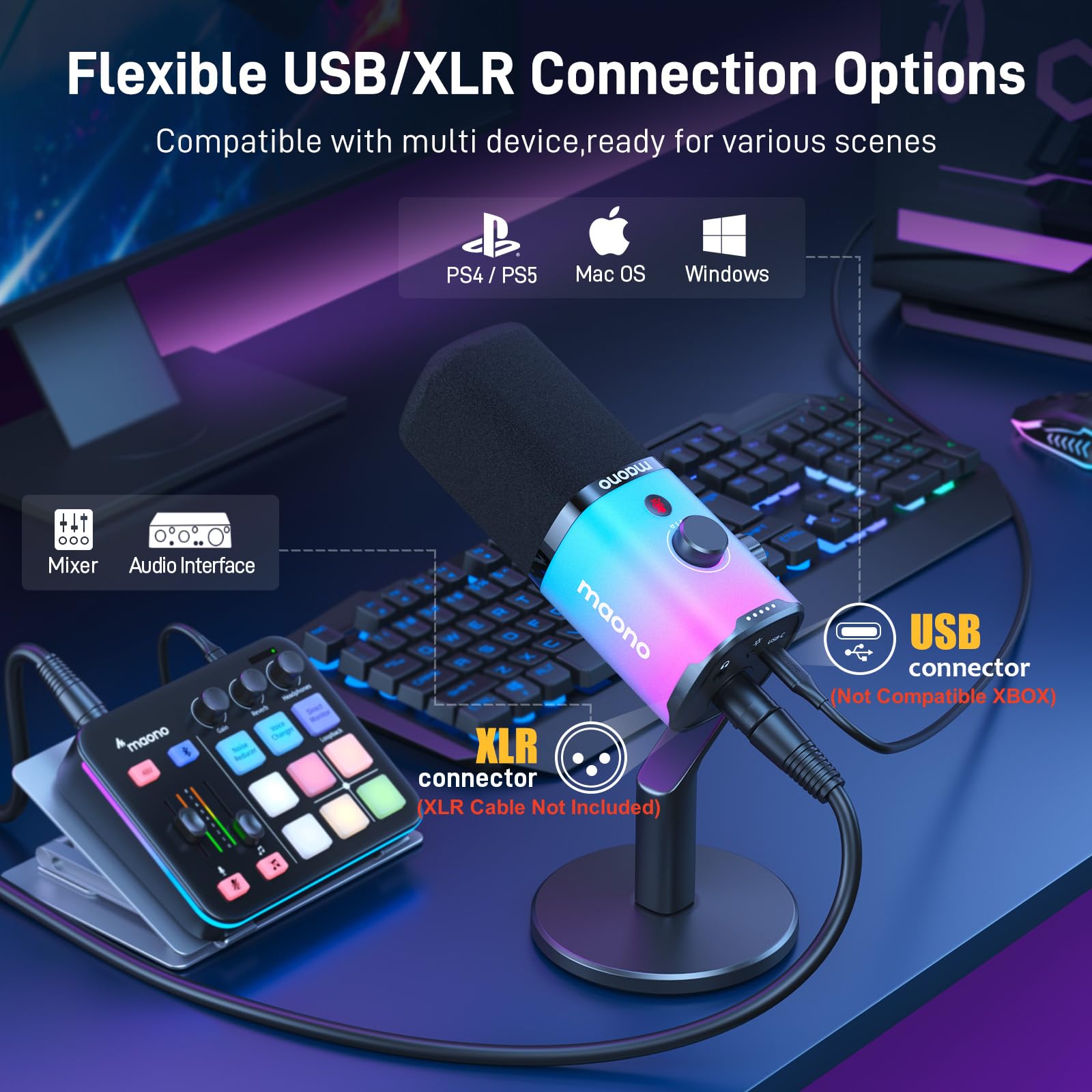 MAONO USB/XLR Podcasting Microphone for PC, Gaming Streaming Dynamic Mic with Mute Button, Software-RGB, Desktop Stand,Computer Mic for Video Studio Recording-PD100X,RGB - Image 6