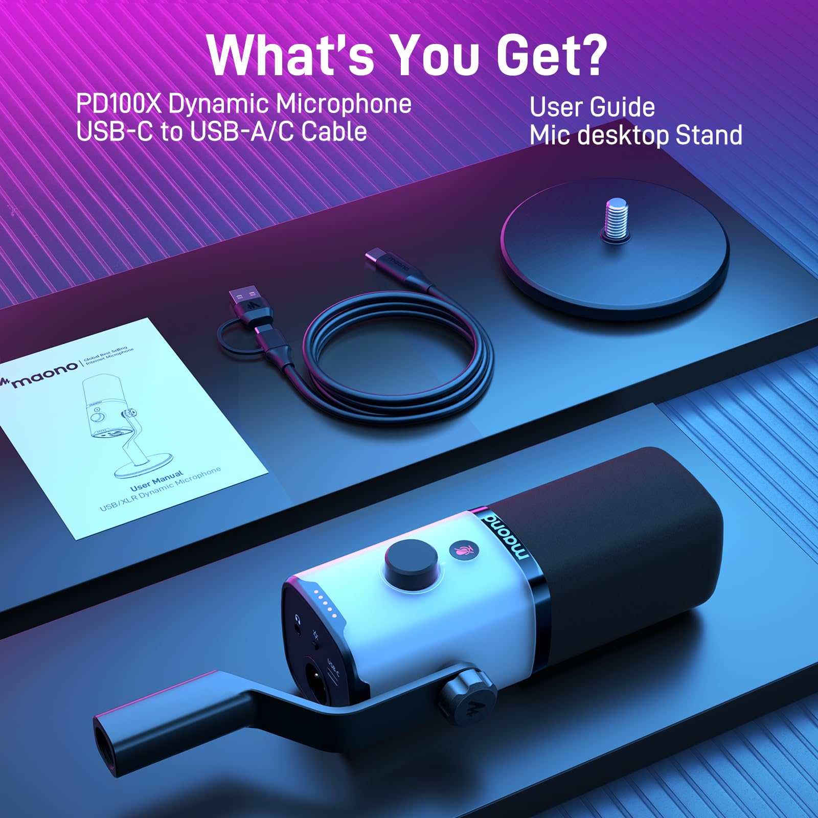 MAONO USB/XLR Podcasting Microphone for PC, Gaming Streaming Dynamic Mic with Mute Button, Software-RGB, Desktop Stand,Computer Mic for Video Studio Recording-PD100X,RGB - Image 9