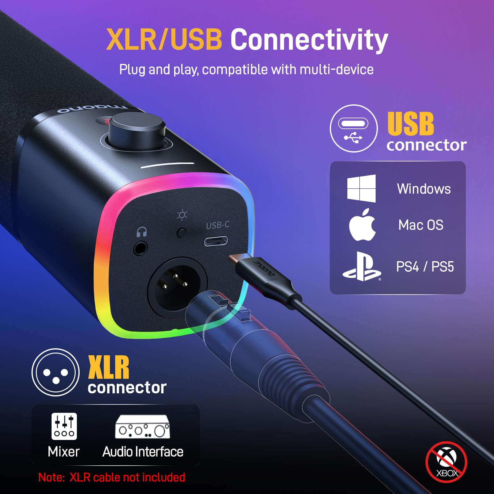 MAONO XLR/USB Gaming Microphone for PC, Dynamic Computer Mic for Streaming Podcasting, Noise Reduction, Mute, Volume Control, RGB Boom Mic for Vocal Recording,Voice-Over, PD100XS Black - Image 3