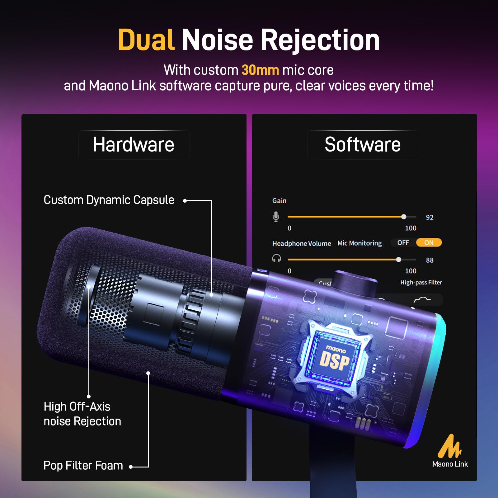 MAONO XLR/USB Gaming Microphone for PC, Dynamic Computer Mic for Streaming Podcasting, Noise Reduction, Mute, Volume Control, RGB Boom Mic for Vocal Recording,Voice-Over, PD100XS Black - Image 5